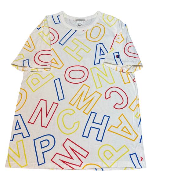 Champion Scrambled Letters Tee Men’s M White Primary Colors Crew Neck - Picture 2 of 13